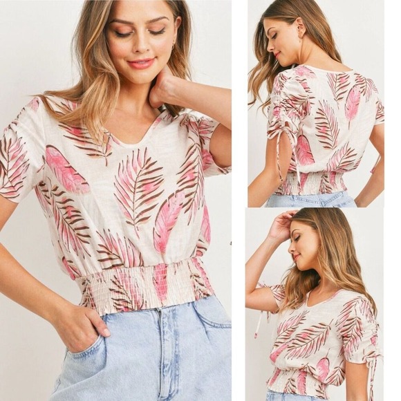 Unknown Tops - Tropical Print Women Crop Top Small Tie Sleeves Smocked Waist Barbie Vaca Resort